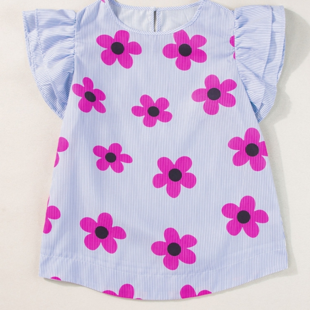Light Blue Floral Blouse with Ruffled Sleeves